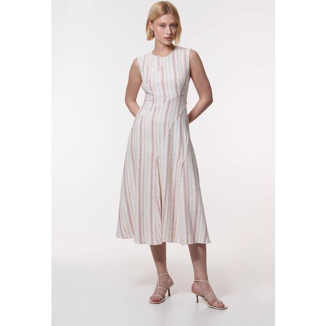 Premium Woven Stripe Tailored A-Line Midi Dress - Pink