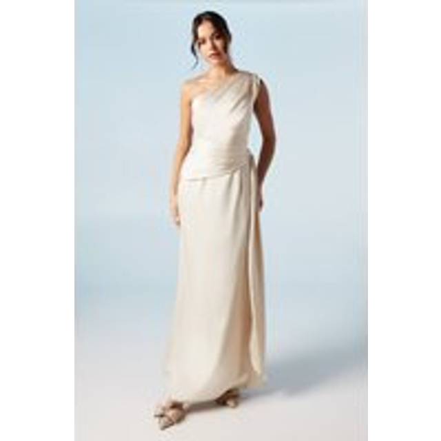 One Shoulder Sash Detail Satin Bridesmaids Maxi Dress - Champagne - 18