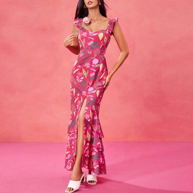 SHEIN Designer Boho Bohemian Rose Red Floral Print Ruffled Mid-Slit Maxi Sundress For Spring And Summer Vacation, Festival, Concert Outfit, Ibiza Fits, Prom