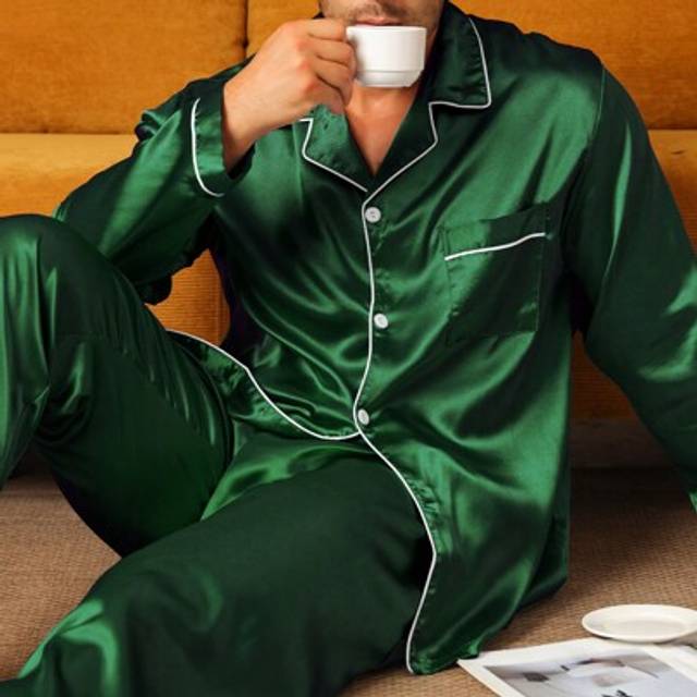 SHEIN Two Pieces Sets Men&#39;s Pajamas Autumn And Winter Long Sleeved Pants Solid Color Satin Silk Home Wear Sleepwear Set