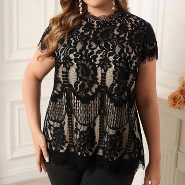 SHEIN Plus Size Elegant Lace Patchwork Chiffon Blouse,Everyday Wear Boho/Bohemian,Holiday,Resort /Vacation Style Summer Beach Wedding Guest Women Casual Sum