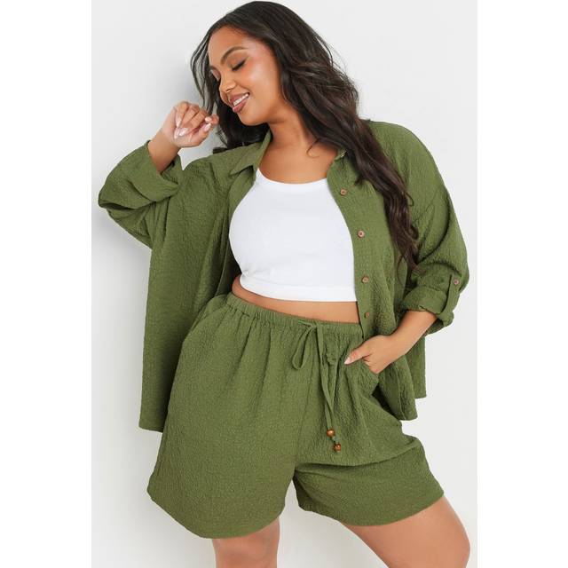 Yours Curve Khaki Green Textured Pull On Shorts, Women's Curve & Plus Size, Yours - 26-28