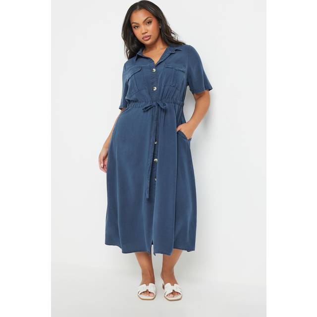 Yours Curve Blue Tie Waist Chambray Shirt Dress, Women's Curve & Plus Size, Yours - 14