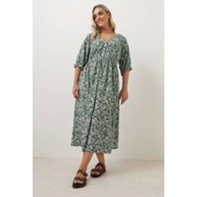 Yours Curve Green Daisy Print Vneck Textured Dress, Women's Curve & Plus Size, Yours - 20