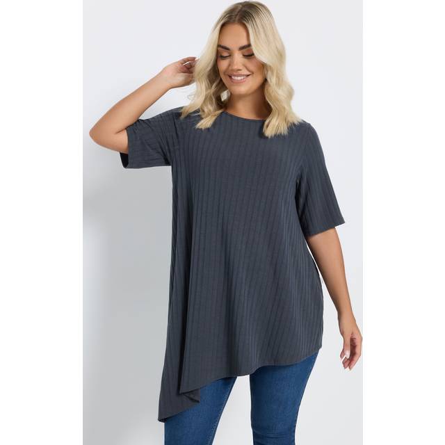 Yours Curve Charcoal Grey Asymmetric Ribbed Tshirt, Women's Curve & Plus Size, Yours - 30-32