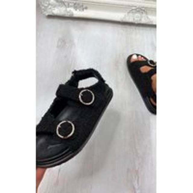 Zahra Faux Fur Double Buckle Sliders - Black - 4