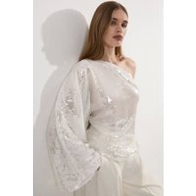 Liquid Shine One Shoulder Woven Sequin Blouse - White - 10