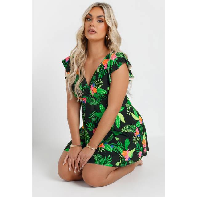 Yours Curve Black Hawaiian Floral Print Swim Dress - 14