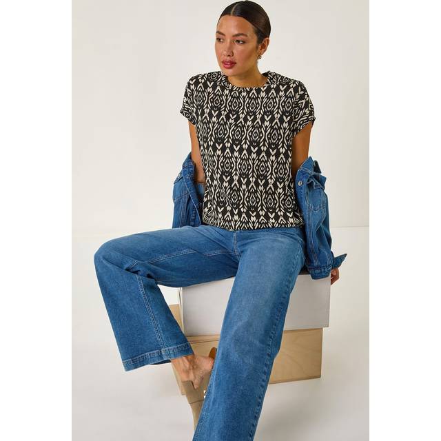 Geometric Ikat Print Bubble Hem Top - Black - 18