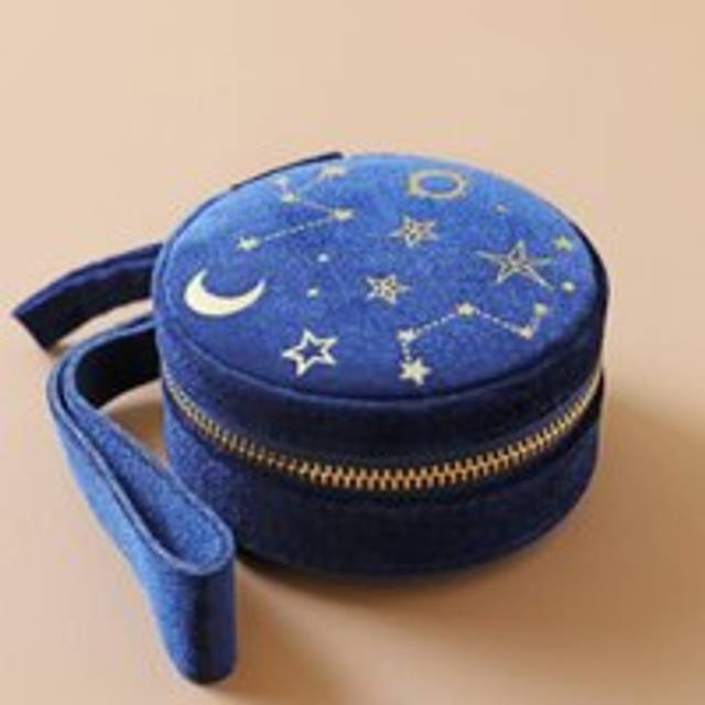 Starry Night Velvet Mini Round Jewellery Case in Navy - blue/gold - one size