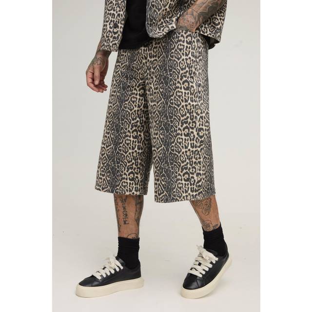 Tall Washed Leopard Longline Jorts - Brown - 34