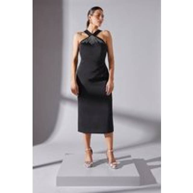 Womens Embellished Satin Crepe Halterneck Midi Dress - Black - 20