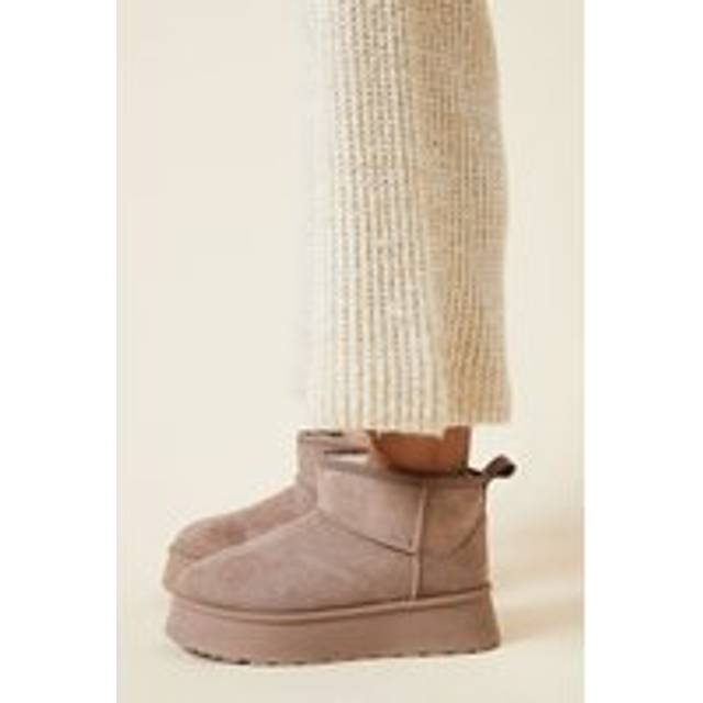 Womens Hadiya Suedette Faux Fur Lined Cosy Chunky Flatform Ankle Boots - Taupe - 7
