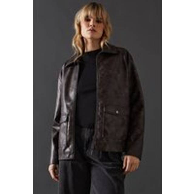Womens Whipstitch Faux Leather Zip Through Jacket - Grey - 14