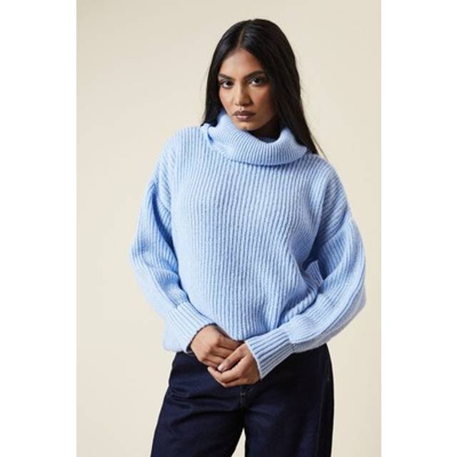Womens Petite Longline Roll Neck Chunky Jumper - Blue - S