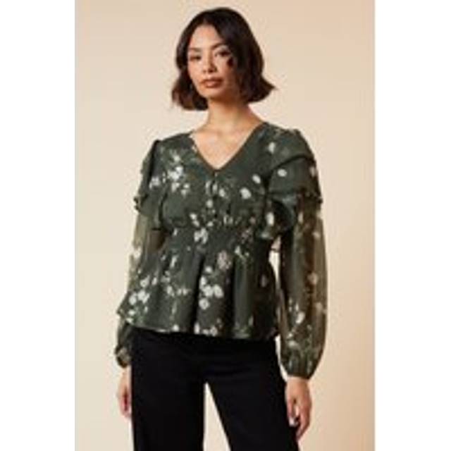 Womens Khaki Floral Shirred Waist Button Front Chiffon Long Sleeve Blouse - 12