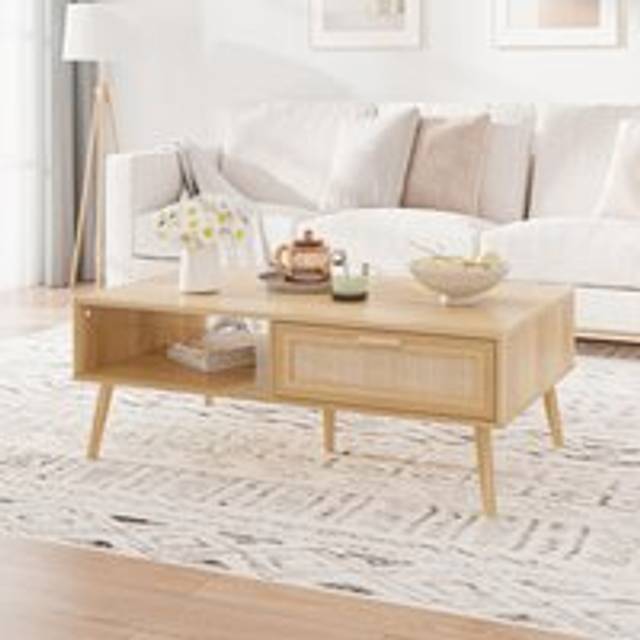 Coffee Table Rattan Front Drawer Open Shelf Solid Wooden Legs
