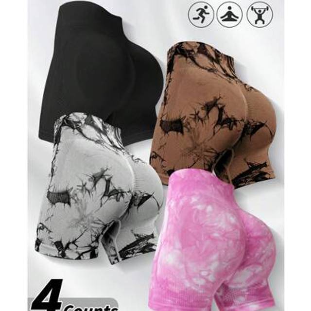 SHEIN 4pcs/Set Women&#39;s Seamless Tie-Dye Yoga Shorts, Versatile For Outdoor Climbing, Daily Wear, Gym, Workout, Sports