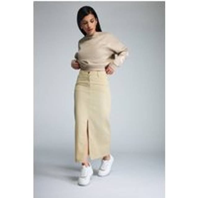 Pixiegirl Natural Brown Denim Split Maxi Skirt 12 Pixiegirl | Petite Women's Denim Skirts