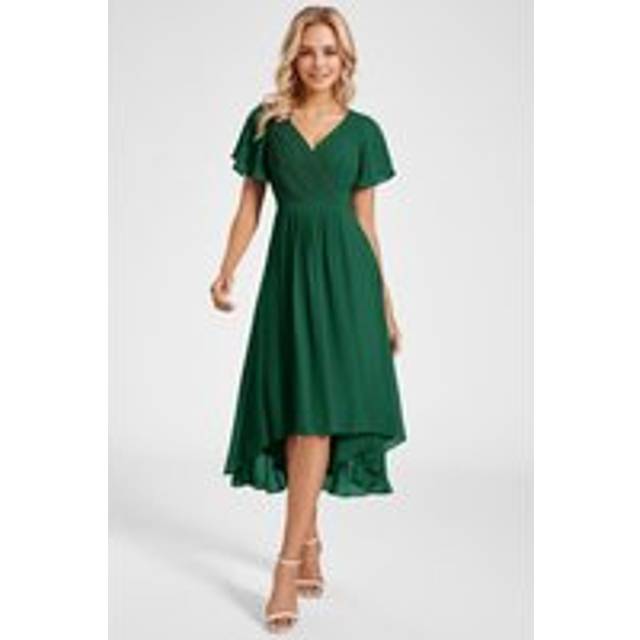 Spring V Neck Ruffle Sleeve Ruched Midi Wedding guest dresses - Dark Green - 22