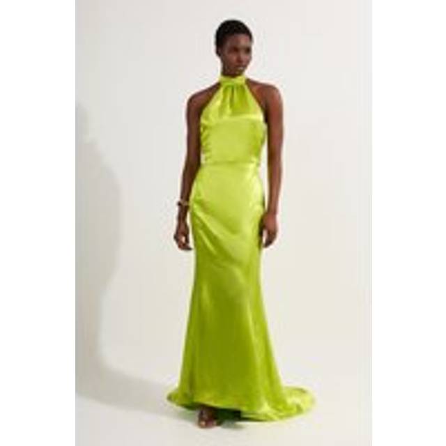 Premium Satin Halter Neck Tailored Maxi Dress - Green