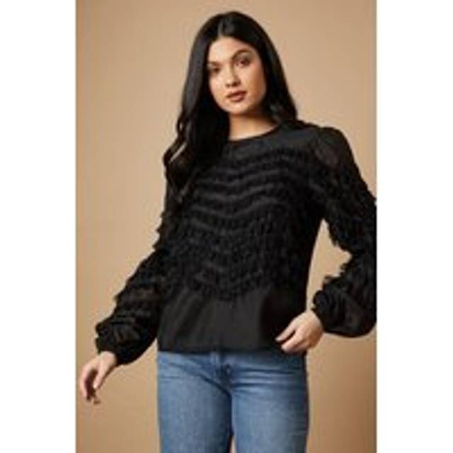 Ruffle Detail Long Sleeve Blouse - Black - 16