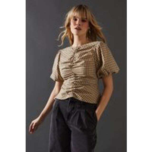 Womens Check Ruched Front Puff Sleeve Top - cream - Cream - 12