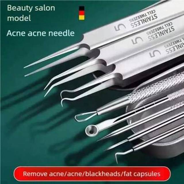 SHEIN 8 Pieces Stainless Steel Acne Needle Blackhead Removal Acne Cleaning Tweezers Pimple Popper Tool Kit With A Storage Box Comedones Extractor Acne Remov