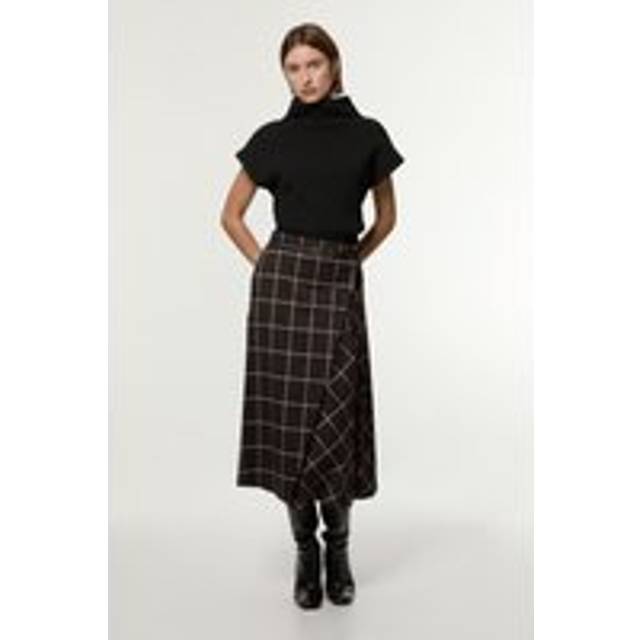 Check Pleated Kilt Belted Midi Skirt - Brown