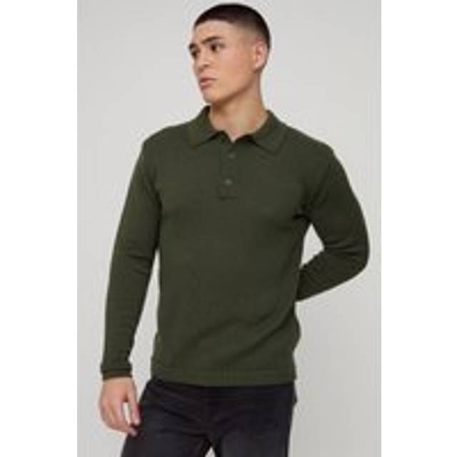 Regular Button Neck Long Sleeve Knitted Polo - Green - XS