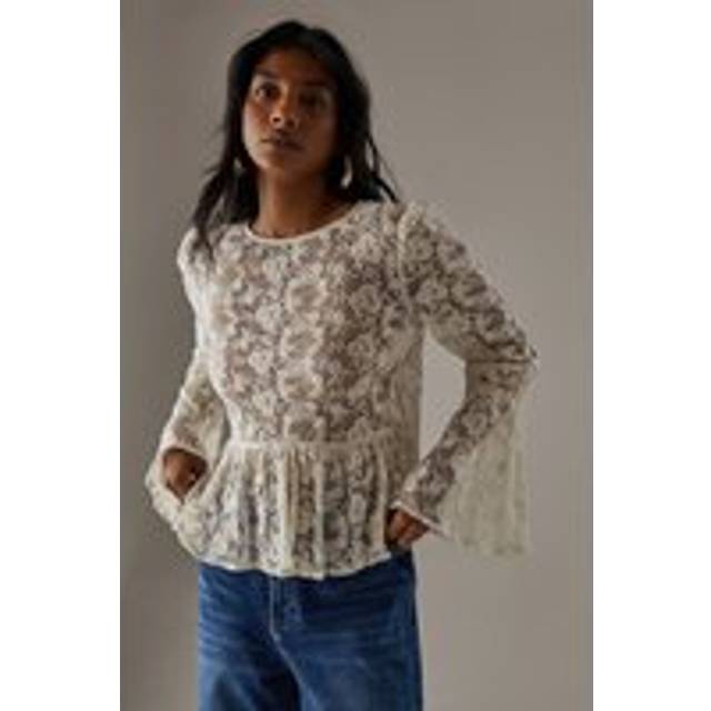 Womens Embroidered Mesh Flare Sleeve Blouse - White - 10