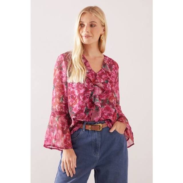 Womens Petite Floral Lace Trim Ruffle Blouse - Pink - 8