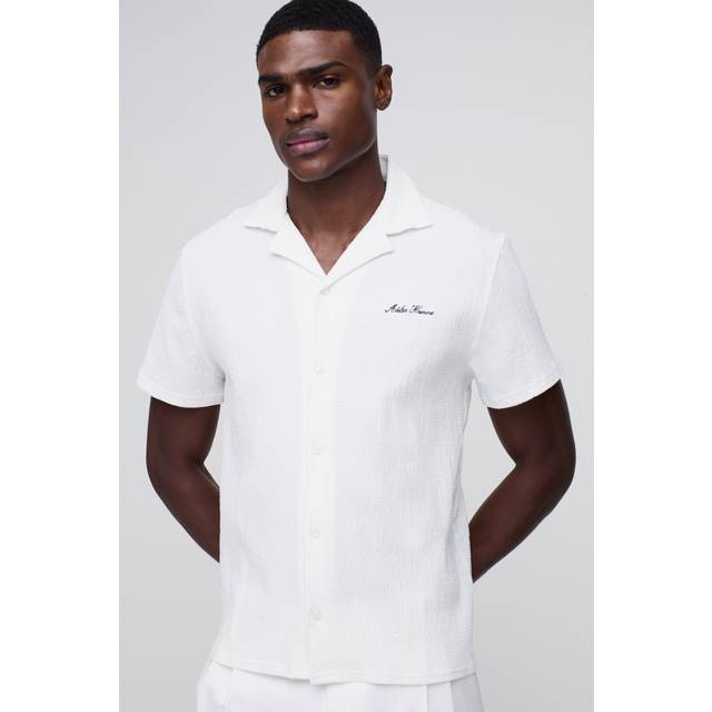 Atelier Homme Regular Fit Seersucker Crinkle Revere Shirt - White - XS