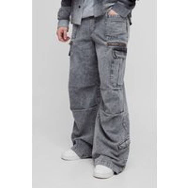 Tall Elasticated Waist Acid Wash Parachute Cargo Jeans - Grey - 34