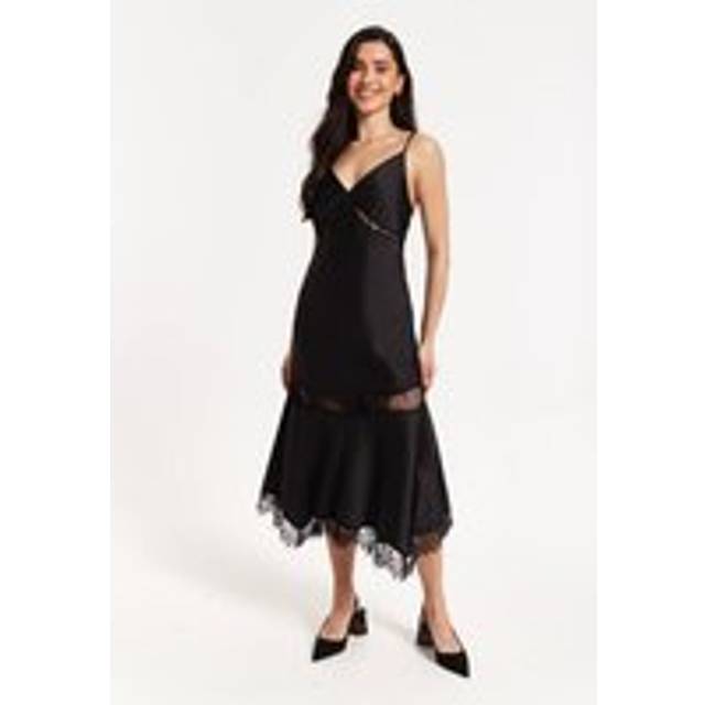 Womens Black Satin Lace Midi Slip Dress - 8