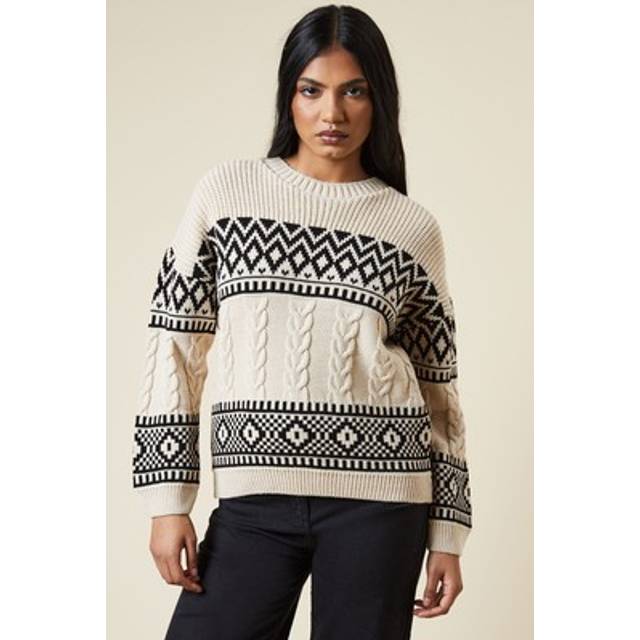 Dorothy perkins womens jumper ivory petite patchwork fairisle crew neck