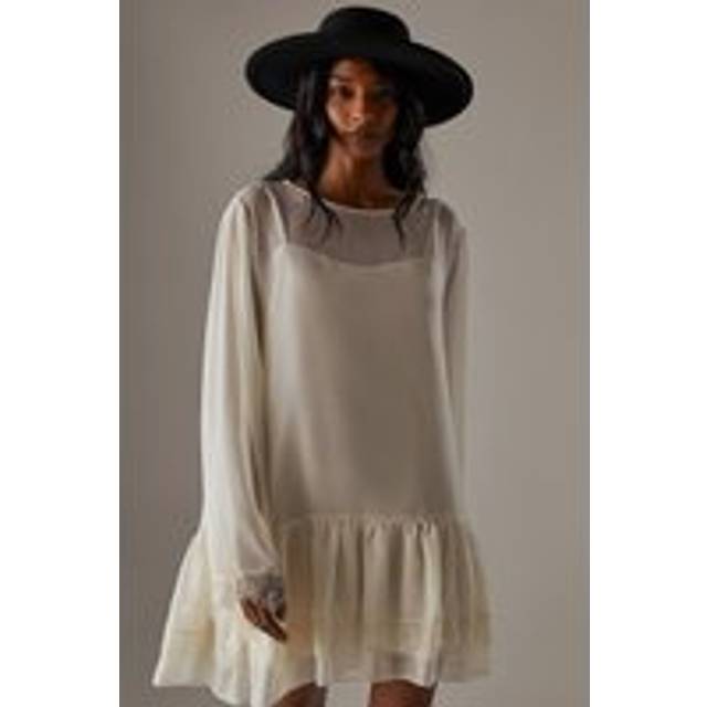 Womens Chiffon Lace Flared Sleeve Drop Hem Mini Dress - White - 12