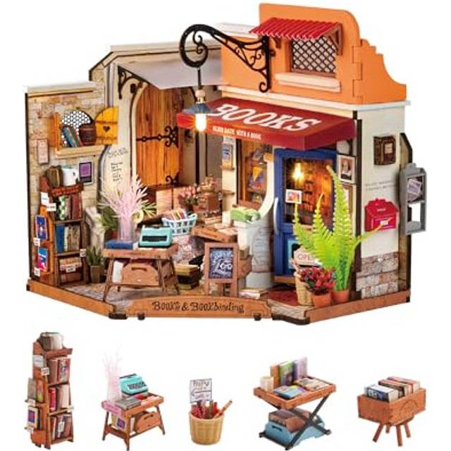 Rolife Doll House Corner Bookstore with LED Lights DIY Miniature House Kit Dollhouse Wooden Model Kit with Furniture 3D Puzzles for Children and