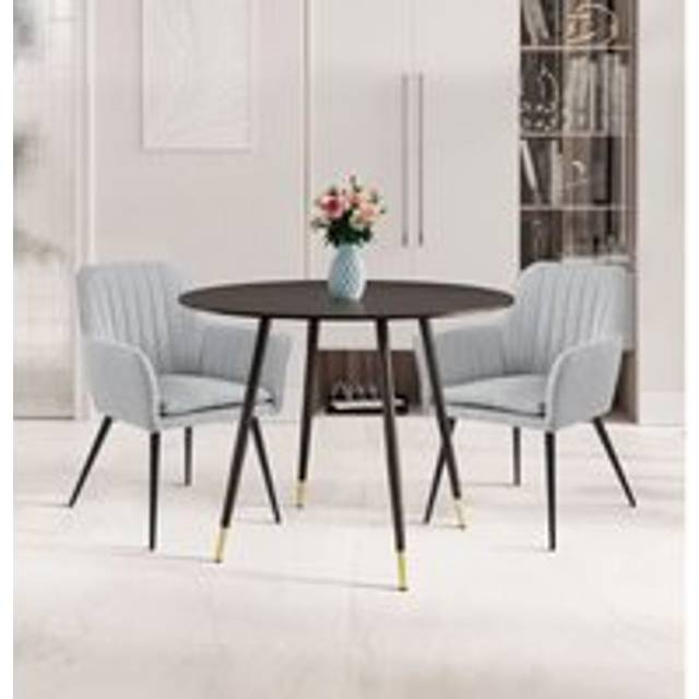 Hallowood Furniture - Finley Small Round Dining Table and Chairs Set 2, Black Kitchen Table and Grey Fabric Chairs with Armrest, Set for Home, Office