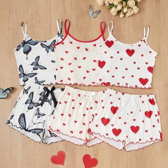 SHEIN 3pcs Set Include Heart & Bowknot Print Camisole & Shorts Pajama Set
