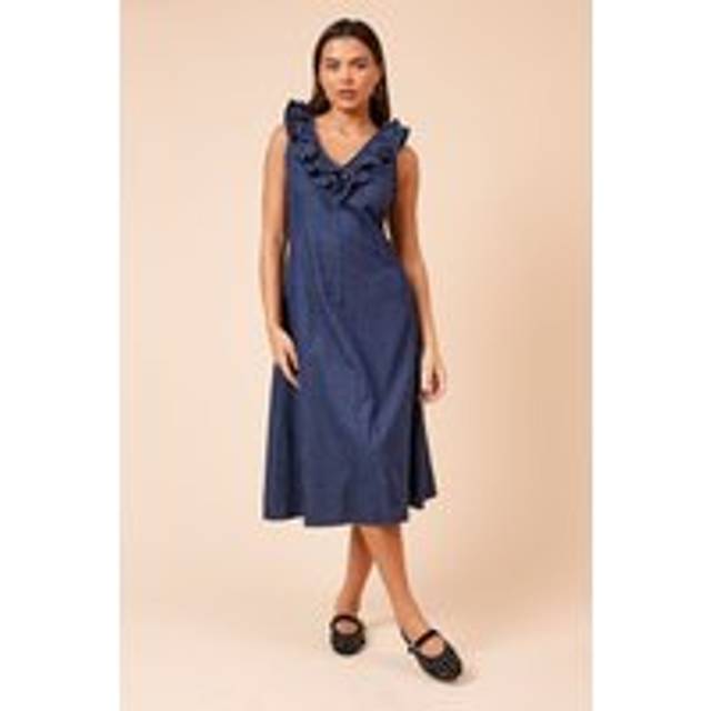 Womens Chambray V Neck Ruffle Neck Sleeveless Midi dress - Indigo - 14
