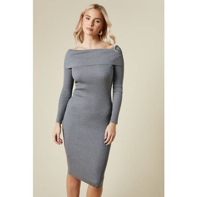 Womens Bardot Ribbed Midi Jumper Dress - Grey Marl - L