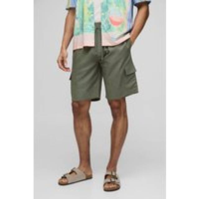Elasticated Waist Relaxed Fit Mid Length Linen Blend Cargo Short - Green - L