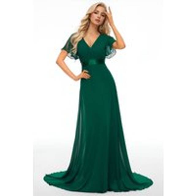 Elegant V Neck Ruffle Sleeve Ruched Empire Waist A line Maxi Chiffon Evening Dress - Dark Green - 16