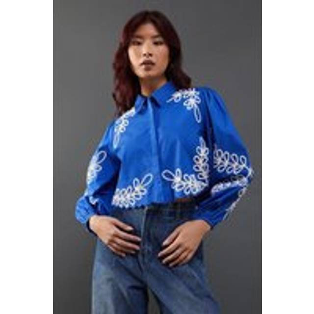 Womens Embroidered Poplin Cropped Shirt - blue - Blue - 10