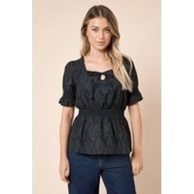 Womens Broderie Shirred Hem Tie Front Top - Black - 10
