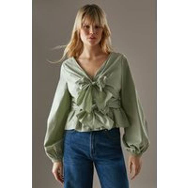 Womens Poplin Tie Front Balloon Sleeve Blouse - Green - 10