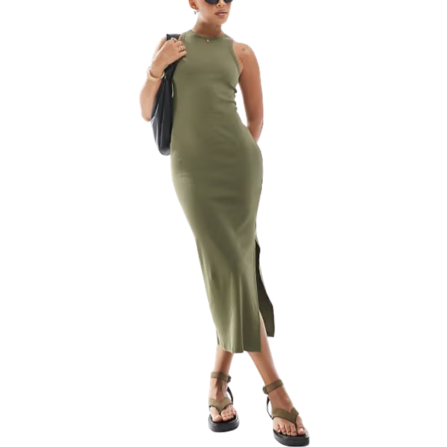 New Look Women's Plus Size Khaki Green Rib Jersey Racer Midi Dress Curves - UK 18