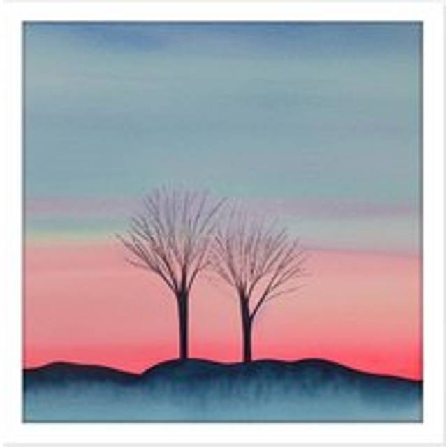 Wall Art Print Two Winter Trees Sunset Simple Landscape Soft Watercolour Painting Square Framed Picture 16X16 Inch - White - W16 inch x H16 inch