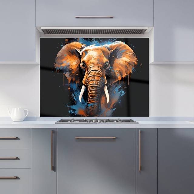 Warren Reed Designer Splashart Elephant Blue Glass Kitchen Splashback 65 x 60cm - Warren Reed - Designer - 65 x 60 x 0.6cm